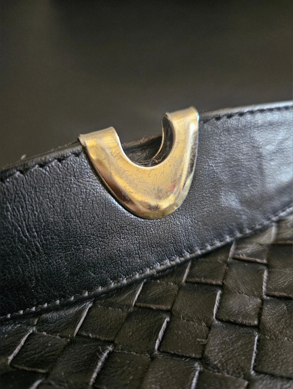 Vintage Black Intrecciato Woven Leather Clutch With Gold Accent